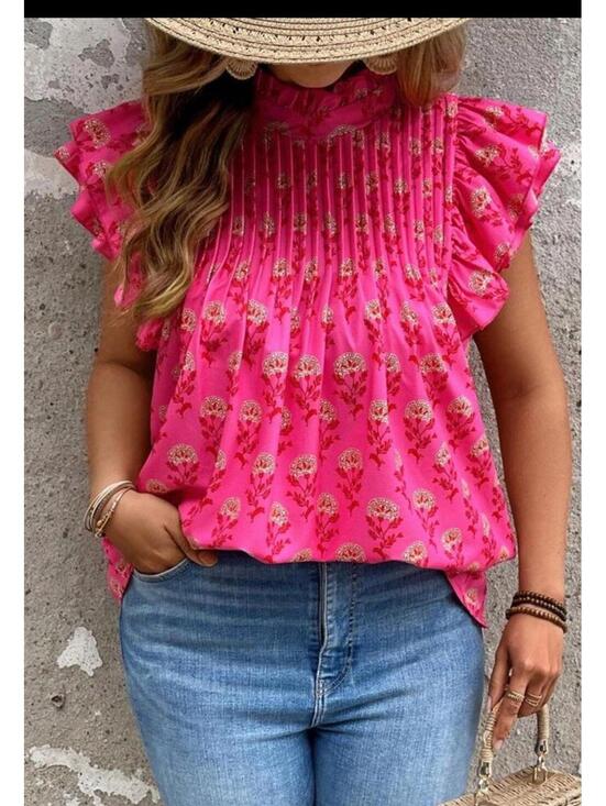 SHEIN Tops - SHEIN Hot Pink Floral Sleeveless Pleated Ruffle Blouse. Size XL. Summer.